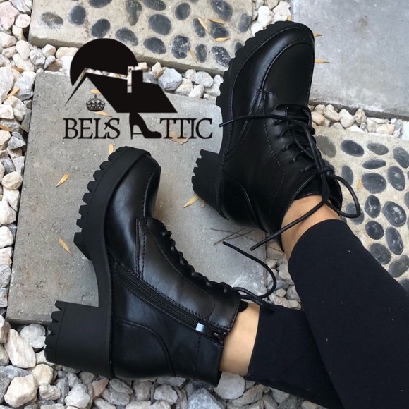 Shoes - Black Vegan Leather Lug Sole Lace Up Combat Boots